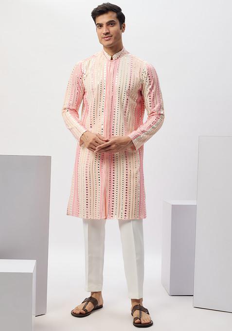 Multicolour Classic Machine Embroidered Cotton Kurta Set For Men