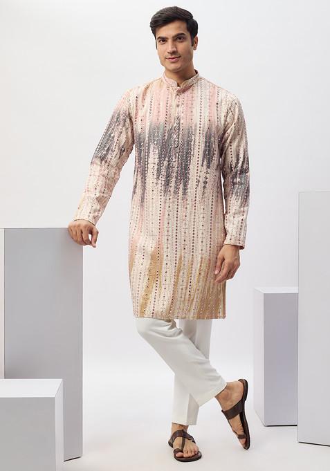 Multicolour Classic Embroidered Cotton Kurta Set For Men