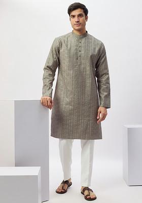 Grey Machine Embroidered Cotton Silk Kurta Set For Men