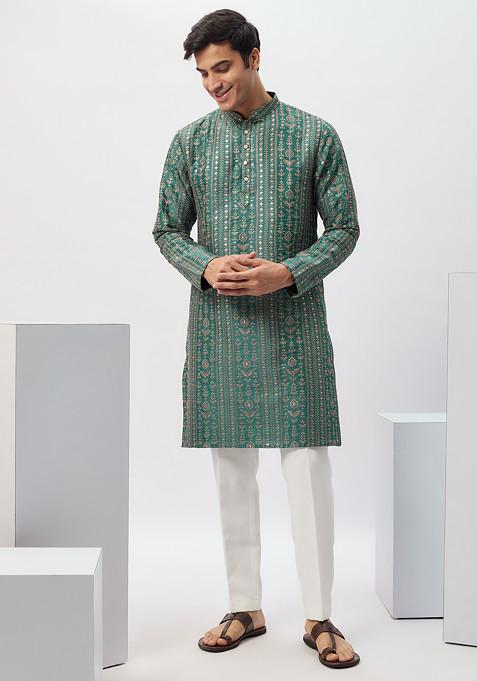 Green Elegant Machine Embroidered Cotton Silk Kurta Set For Men