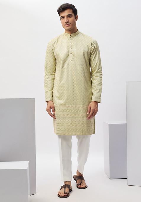 Green Machine Embroidered Cotton Kurta Set For Men