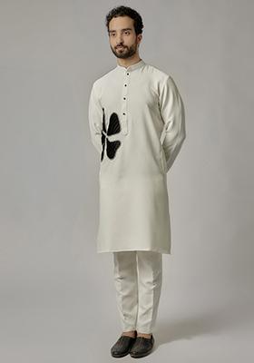 Ivory Patch Work Rayon Kurta Set For Men