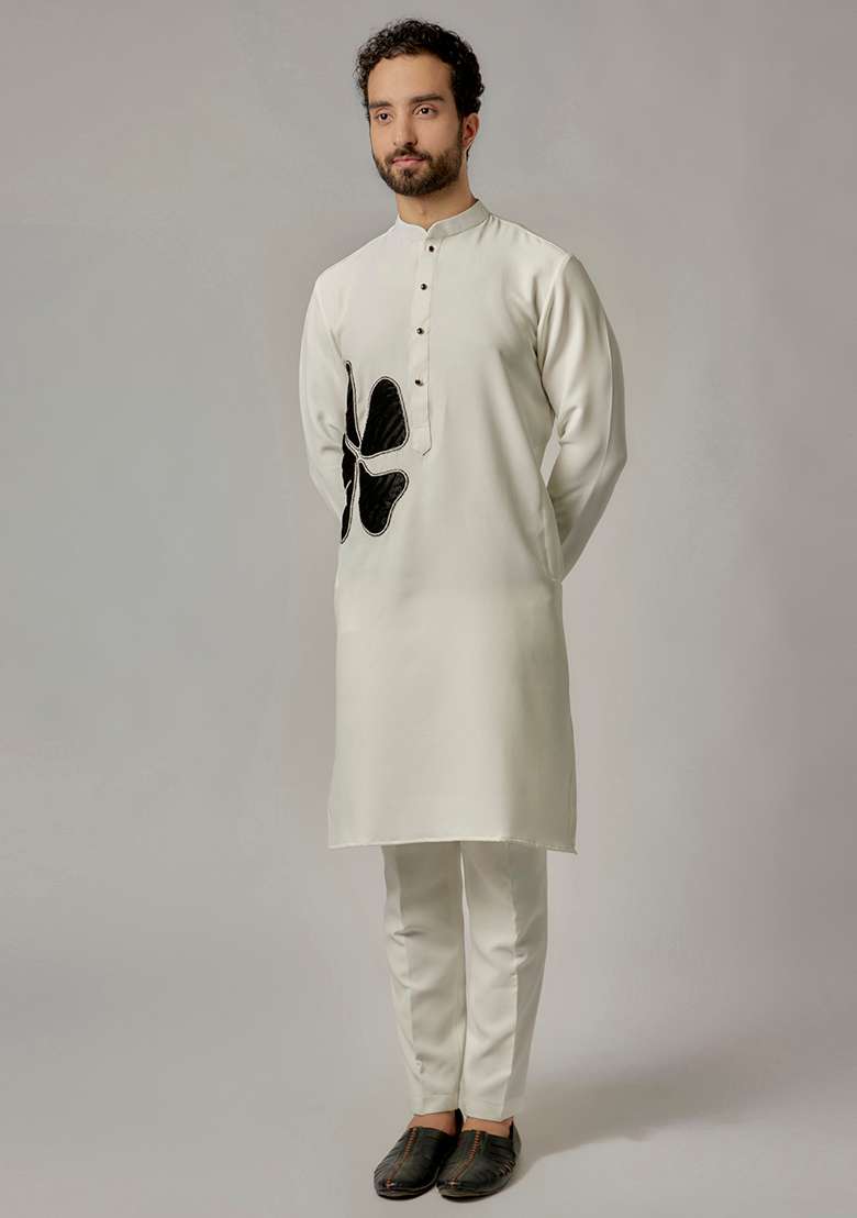 Ivory Patch Work Rayon Kurta Set For Men - Indya