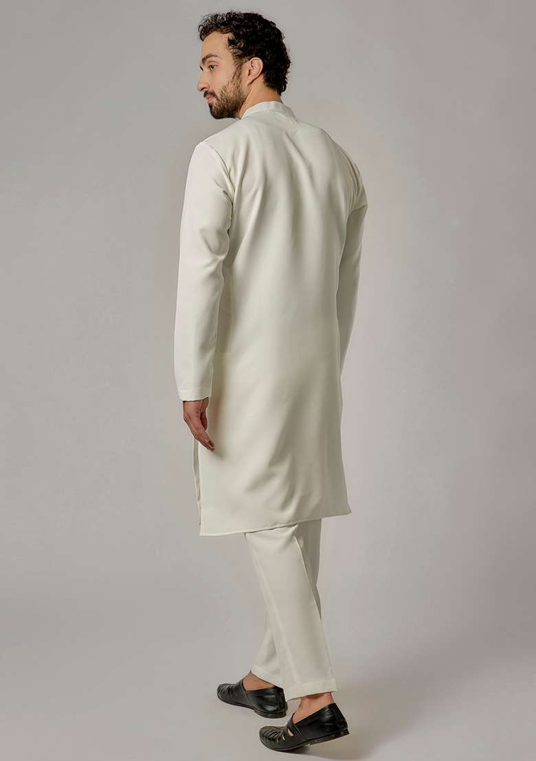 Ivory Patch Work Rayon Kurta Set For Men - Indya