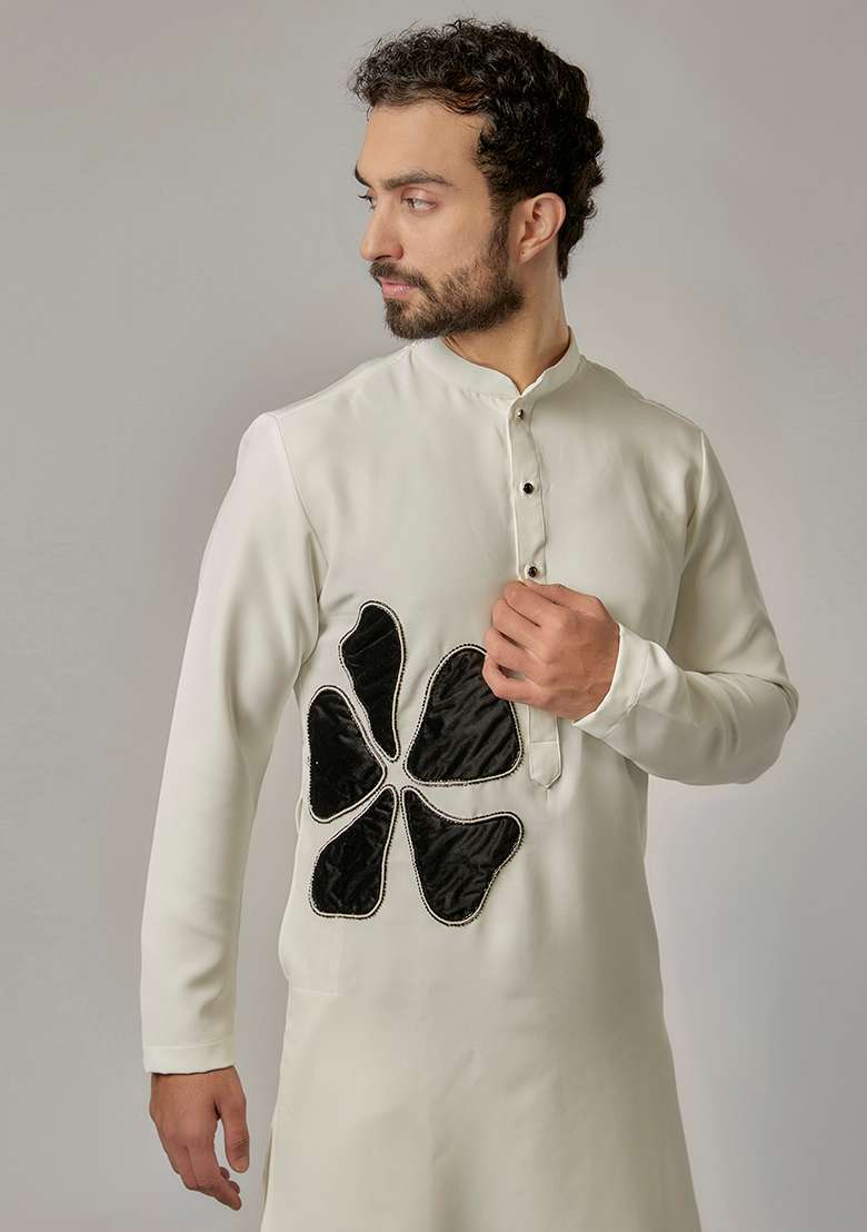 Ivory Patch Work Rayon Kurta Set For Men - Indya