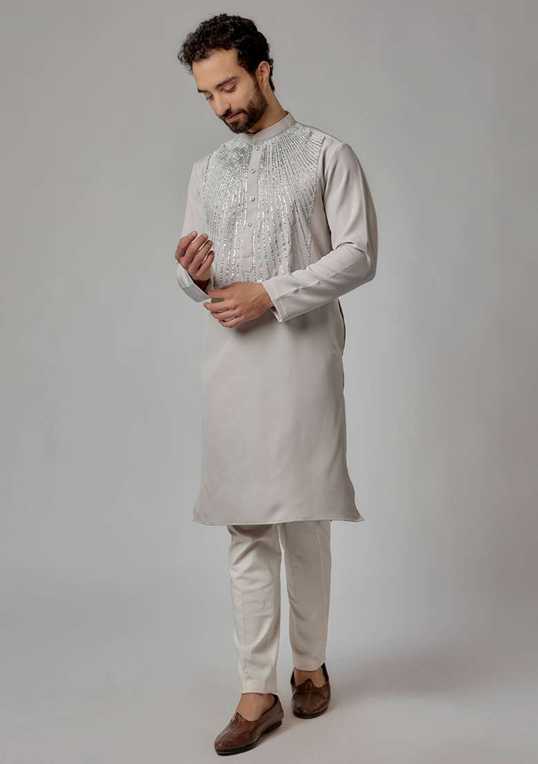 Grey Lace Embroidered Rayon Kurta Set For Men - Indya