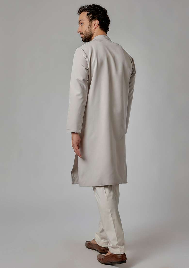 Grey Lace Embroidered Rayon Kurta Set For Men - Indya