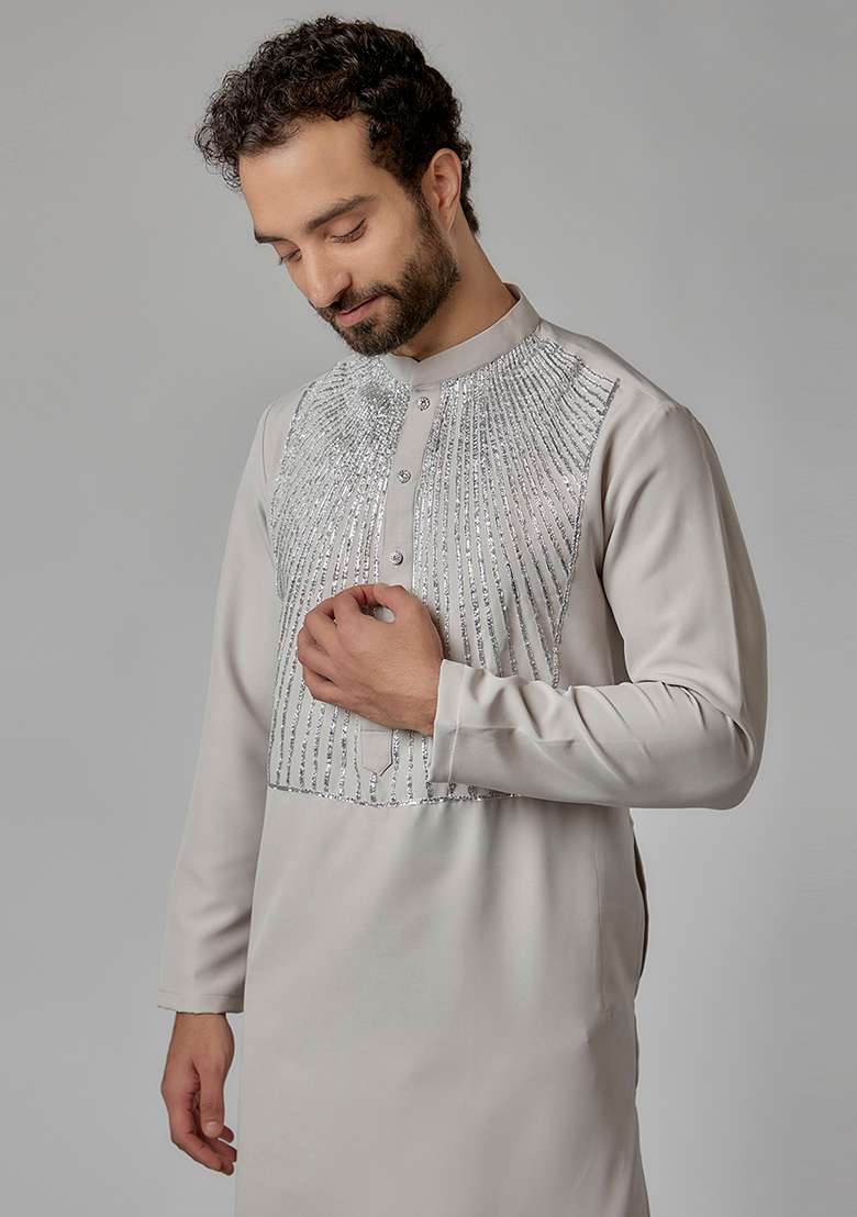Grey Lace Embroidered Rayon Kurta Set For Men - Indya
