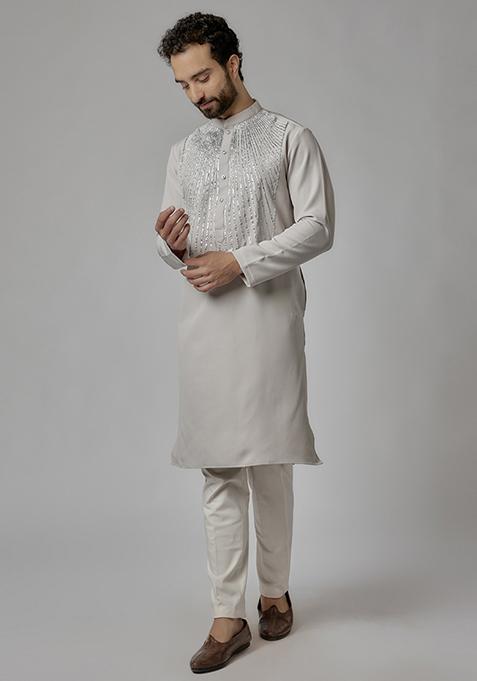 Grey Lace Embroidered Rayon Kurta Set For Men