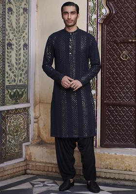 Navy Blue Rang Mahal Embroidered Linen Satin Kurta And Patiala Set For Men