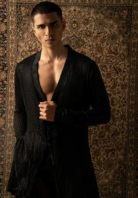 Black Embroidered Silk Georgette Kurta Set For Men