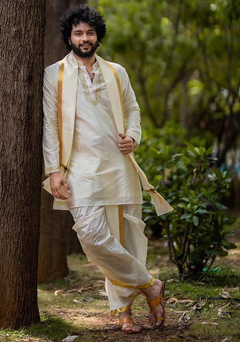 Off White Zari Embroidered Pattu And Kurta Set For Men