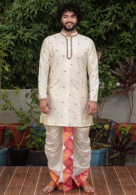 Off White Zardozi Embroidered Pattu Kurta Set For Men