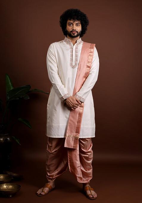 Beige Peach Embroidered Kanjivaram Kurta Set For Men