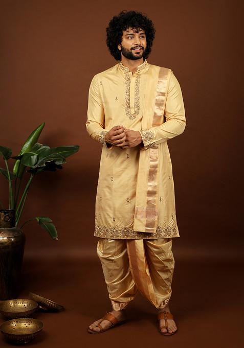 Rose Gold Embroidered Kanjivaram Kurta Set For Men