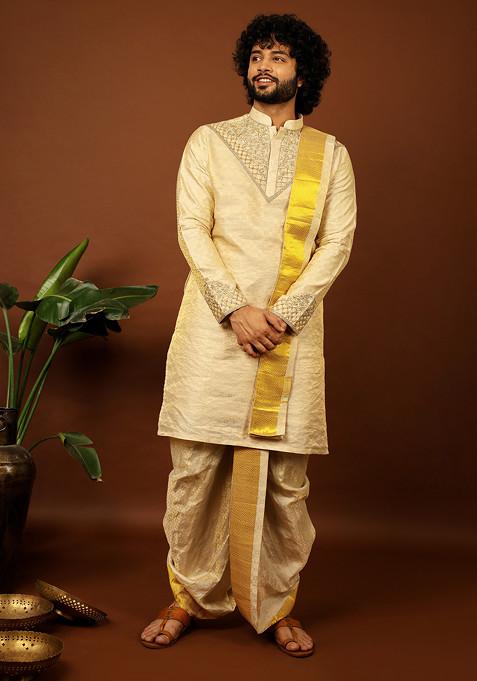 Gold Embroidered Kanjivaram Kurta Set For Men