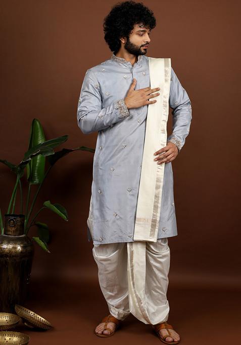 Grey Embroidered Kanjivaram Kurta Set For Men