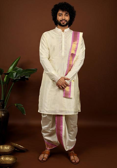 Off White Embroidered Kanjivaram Kurta Set For Men