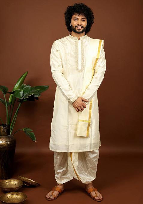 Off White Embroidered Kanjivaram Pattu Kurta Set For Men