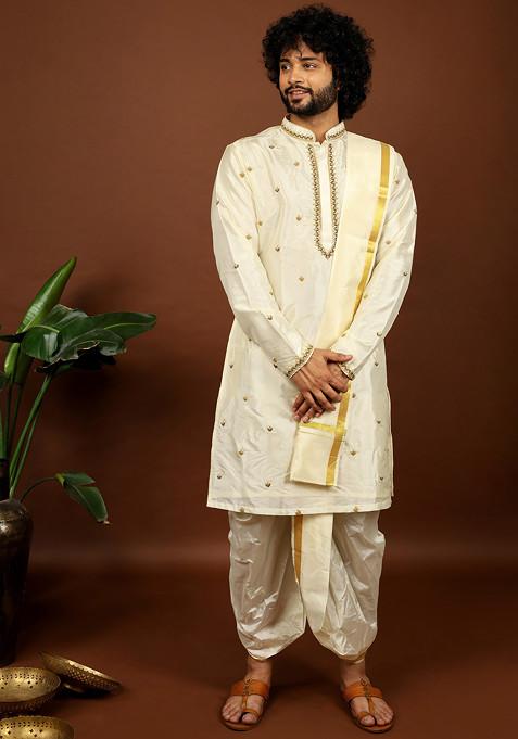 Off White Hand Embroidered Pattu Kurta Set For Men