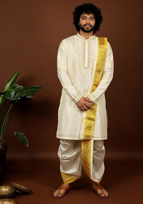 Off White Majestic Embroidered Pattu Kurta Set For Men