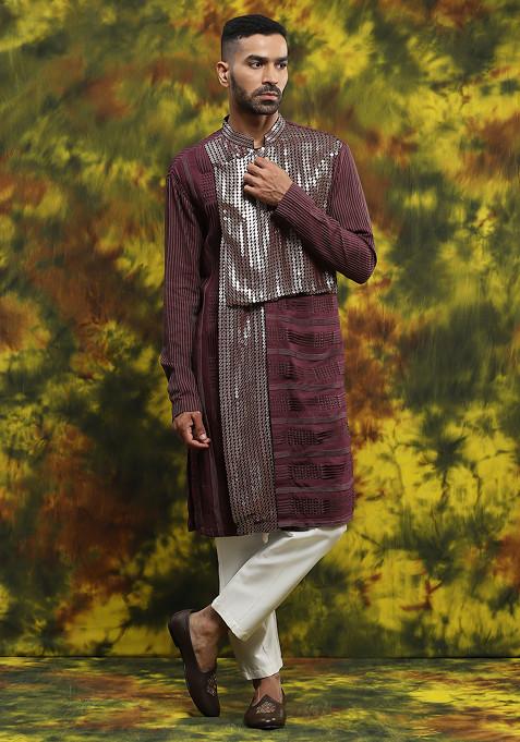 Wine Embroidered Handloom Silk Kurta Set For Men