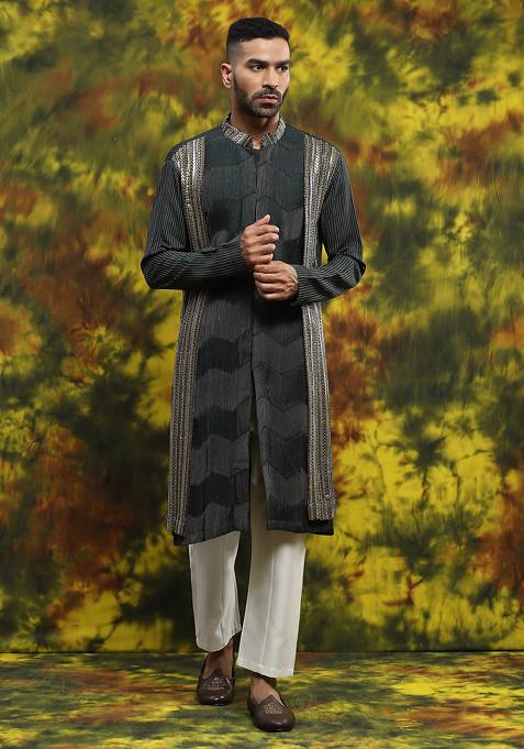 Bottle Green Embroidered Handloom Silk Kurta Set For Men