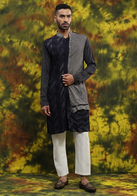 Navy Blue Embroidered Handloom Silk Kurta Set For Men