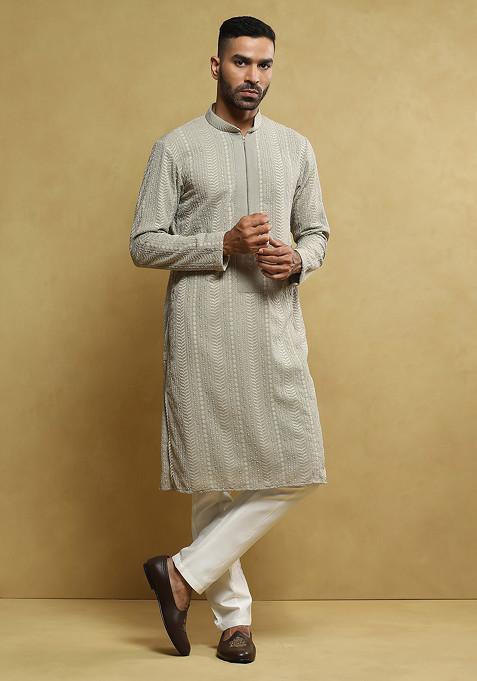 Grey Embroidered Georgette Kurta Set For Men