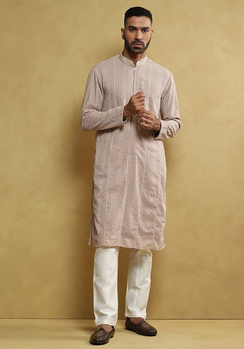 Pink Embroidered Georgette Kurta Set For Men