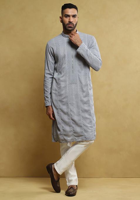 Sky Blue Embroidered Georgette Kurta Set For Men