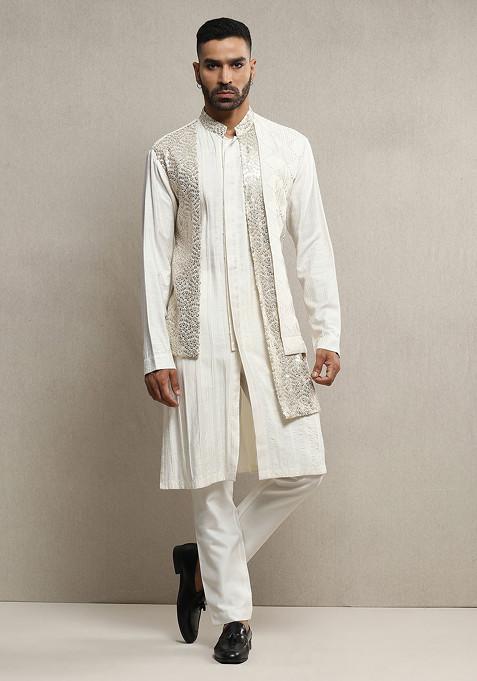 Ivory Embroidered Handloom Silk Kurta Set For Men