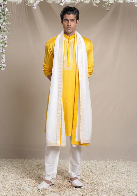 Yellow Embroidered Cotton Silk Kurta Set For Men