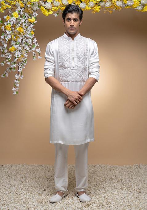 Ivory Embroidered Cotton Silk Kurta Set For Men