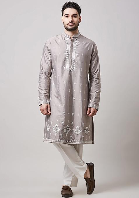 Grey Embroidered Cotton Silk Kurta Set For Men