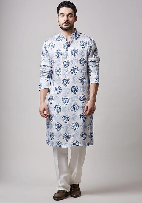 Ivory Block Print Cotton Silk Kurta Set For Men