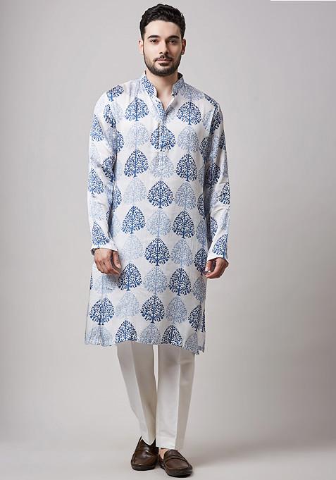 Ivory Printed Modal Satin Kurta Set For Men