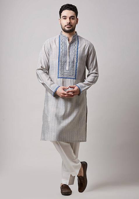 Fawn Printed Cotton Silk Kurta Set For Men