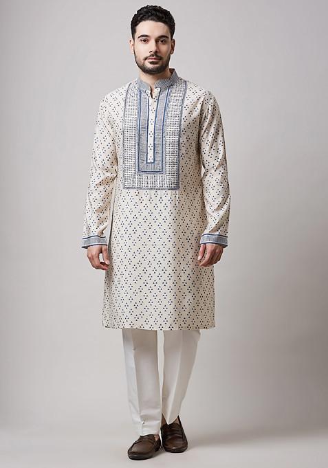 Fawn Block Print Cotton Silk Kurta Set For Men