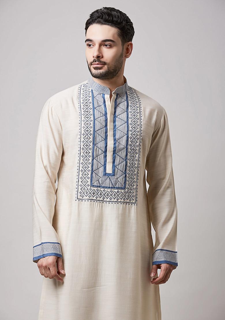 Fawn Block Print Cotton Kurta Set For Men