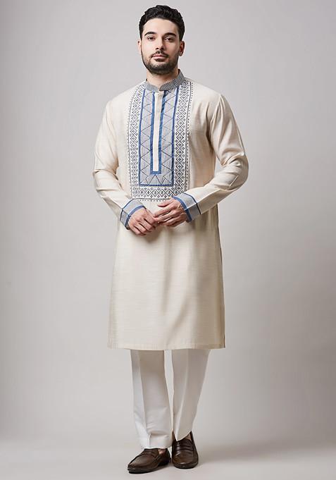 Fawn Block Print Cotton Kurta Set For Men