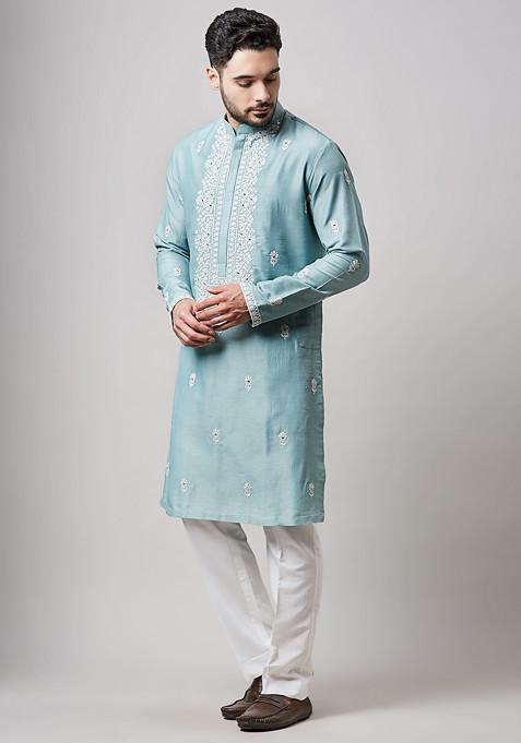 Light Blue Embroidered Soy Silk Kurta Set For Men