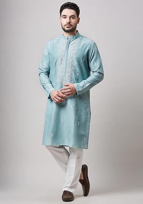 Light Blue Embroidered Silk Kurta Set For Men