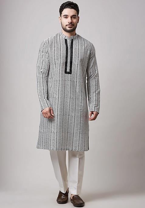 Ivory Printed Cotton Silk Kurta Set For Men