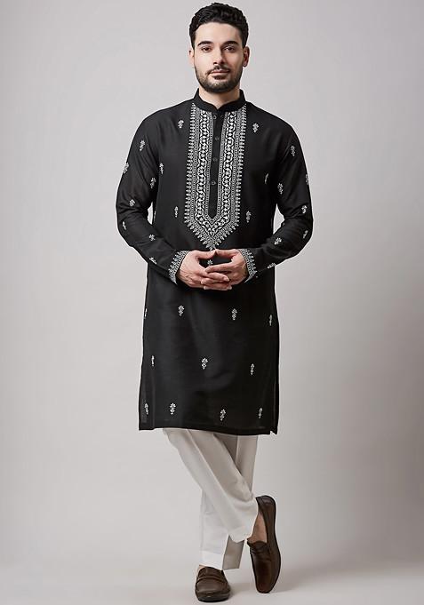 Black Embroidered Cotton Silk Kurta Set For Men