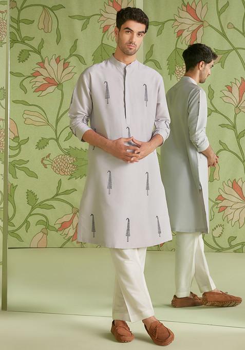 Light Grey Embroidered Cotton Silk Kurta Set For Men