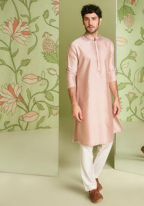 Rose Embroidered Cotton Silk Kurta Set For Men