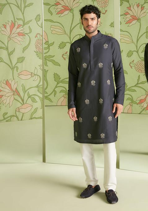 Charcoal Grey Embroidered Cotton Silk Kurta Set For Men