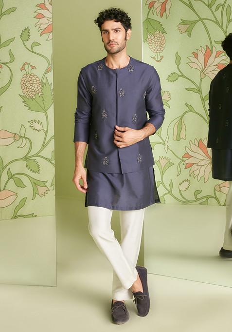 Navy Blue Emroidered Cotton Silk Kurta Set For Men