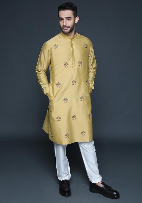 Mustard Embroidered Cotton Silk Kurta Set For Men